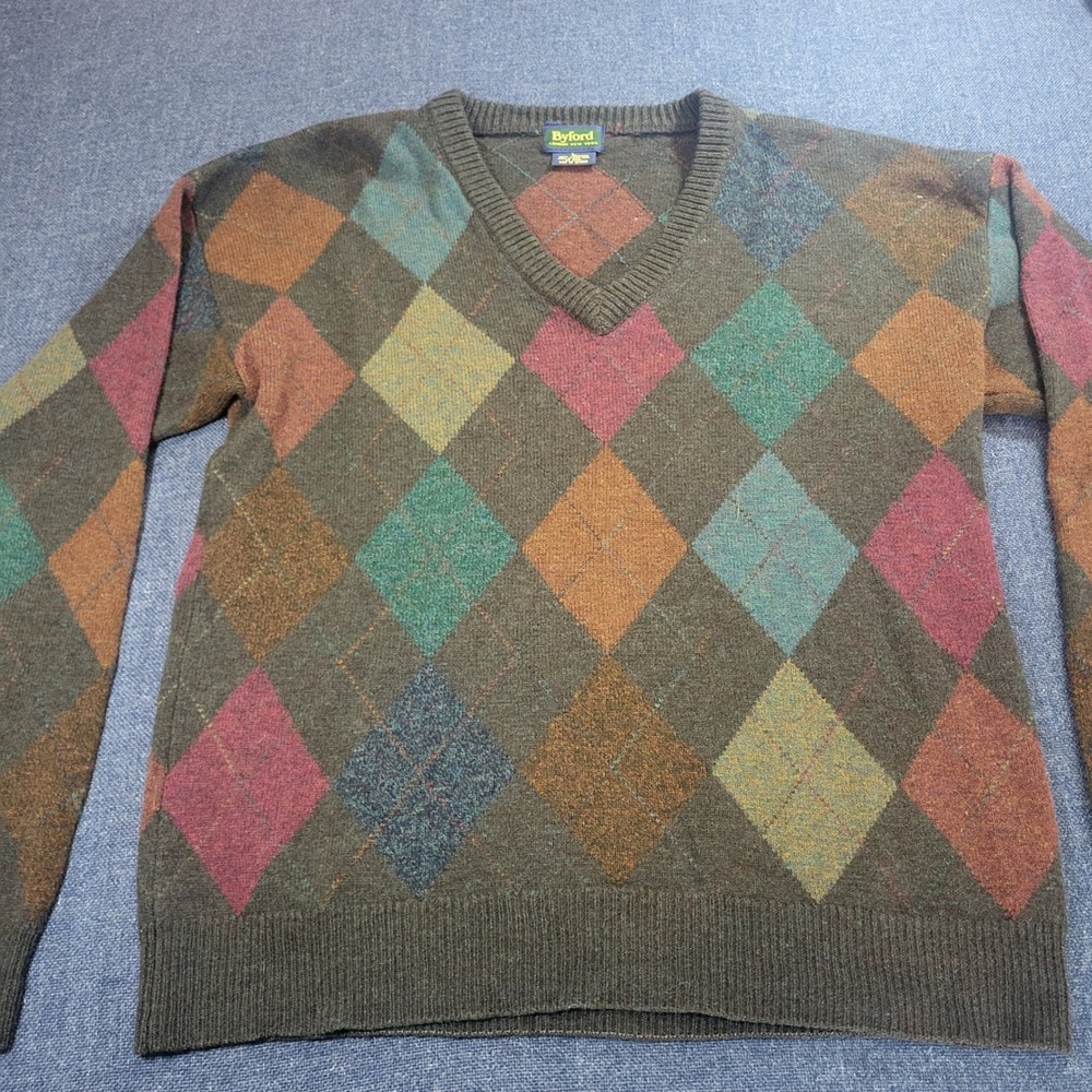 Vintage Byford 100% Lambswool Mens Argyle V-Neck Sweater  Dark Academia Large